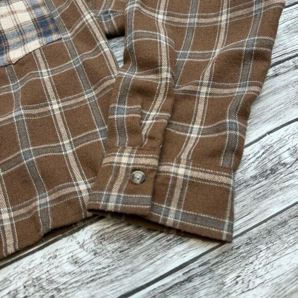 Love Notes Women's Cropped Mixed Patchwork Flannel Shirt L LG Large Brown Grey - Picture 8 of 13